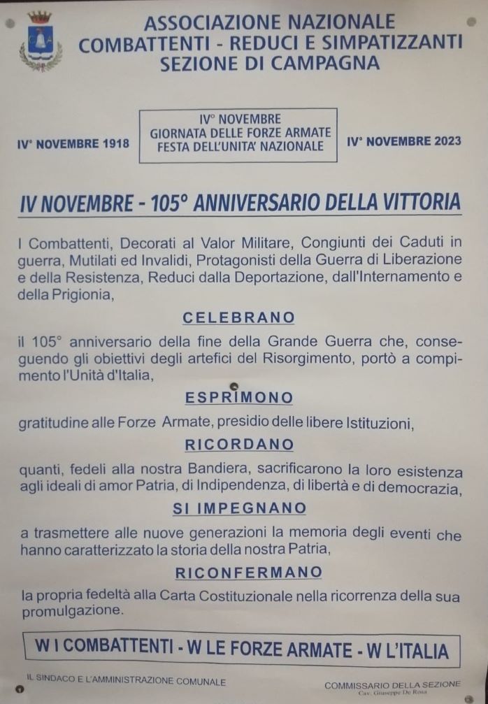 Locandina per le celebrazioni del 4 Novembre, Festa dell'Unita Nazionale e Festa delle Forze Armate
